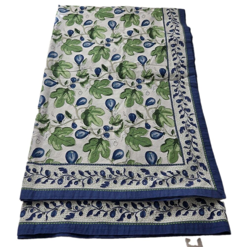 Williams Sonoma Tablecloth Figs Provence Cotton India 70x90 blue green Vintage